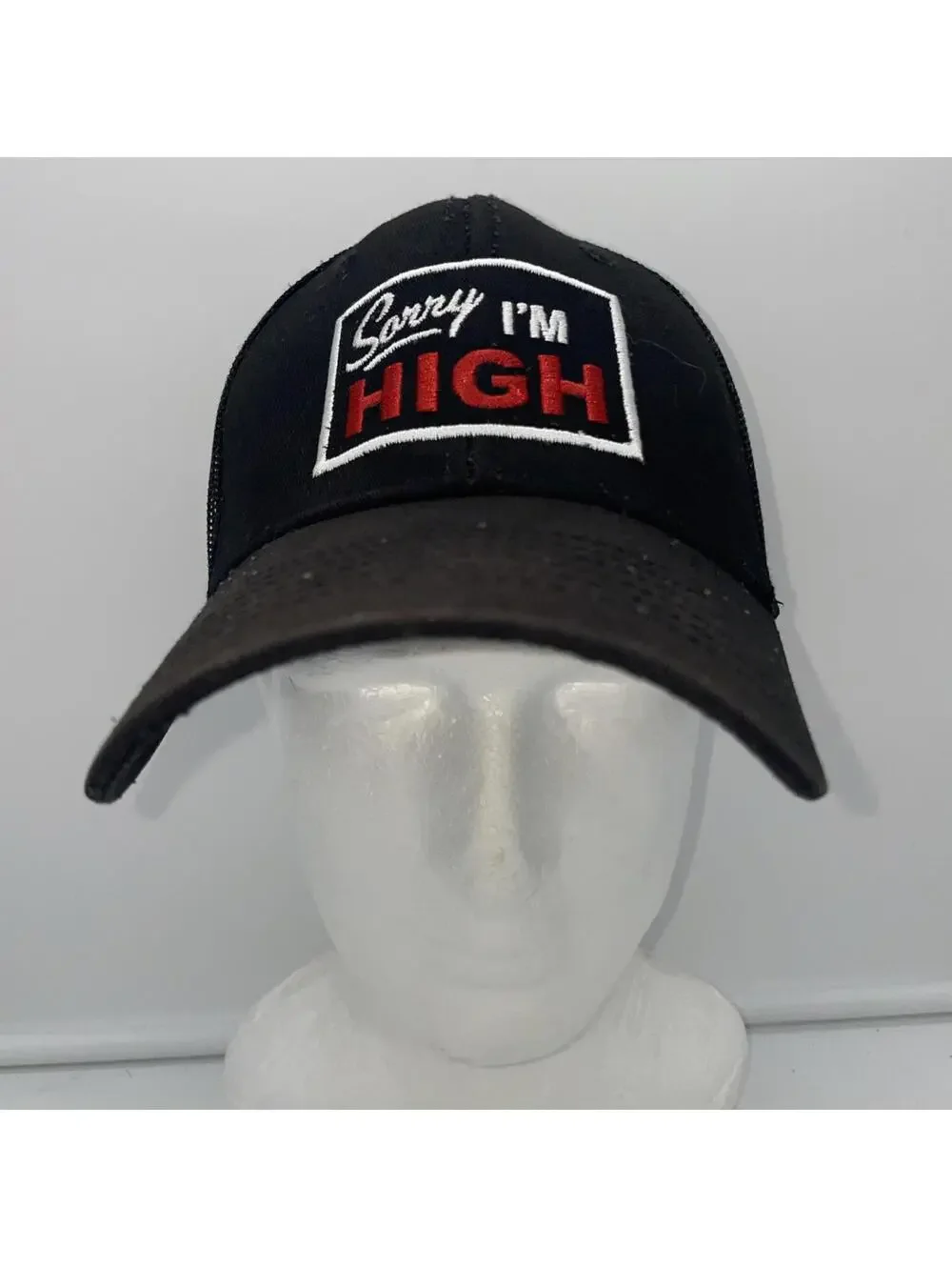 Sorry I’M HIGH Black Trucker Hat Cap Black Mesh SnapBack